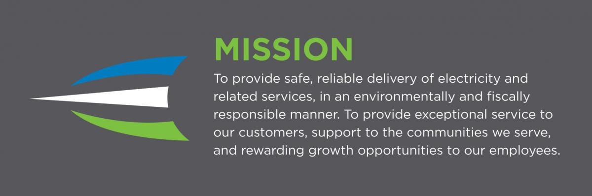 o provide safe, reliable delivery of electricity and related services, in an environmentally and fiscally responsible manner. To provide exceptional service to our customers, support to the communities we serve and rewarding growth opportunities for our employees.