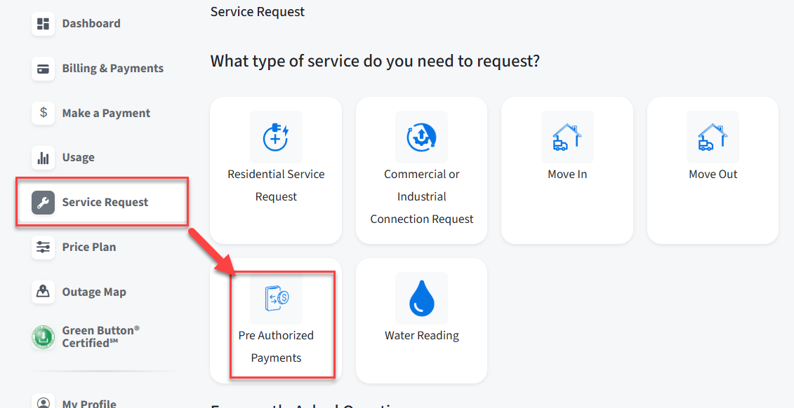 Go to the Service Request section of MyAccount and click Pre-Authorized Payments.